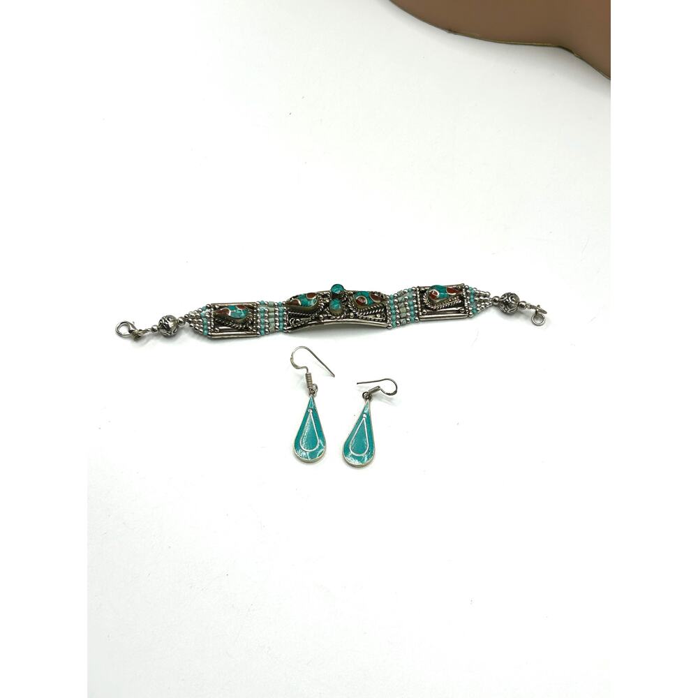 Turquoise & Coral Tibetan Silver Bracelet and Earrings Set